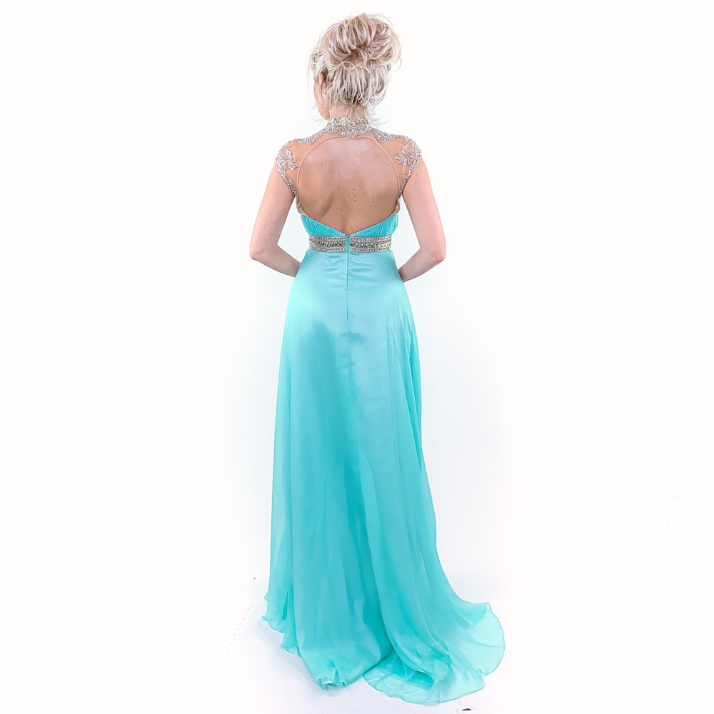 Aqua Chiffon Illusion Evening Gown Prom Dress - Picture 4 of 8